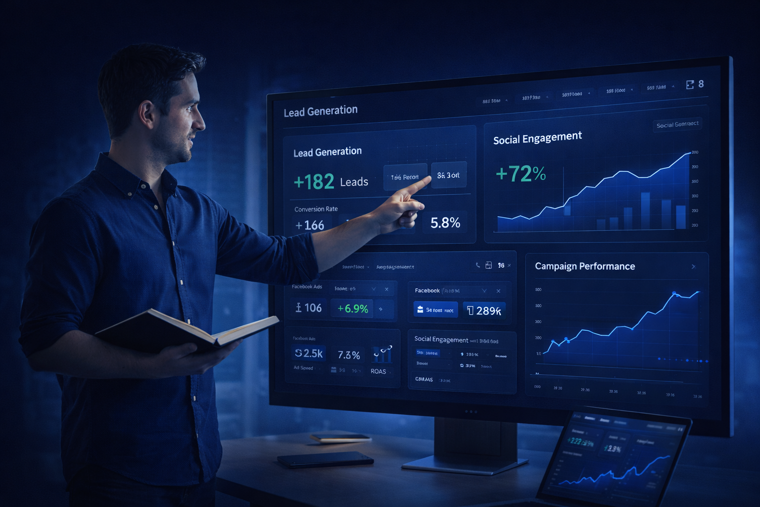 Marketing professional presenting campaign results