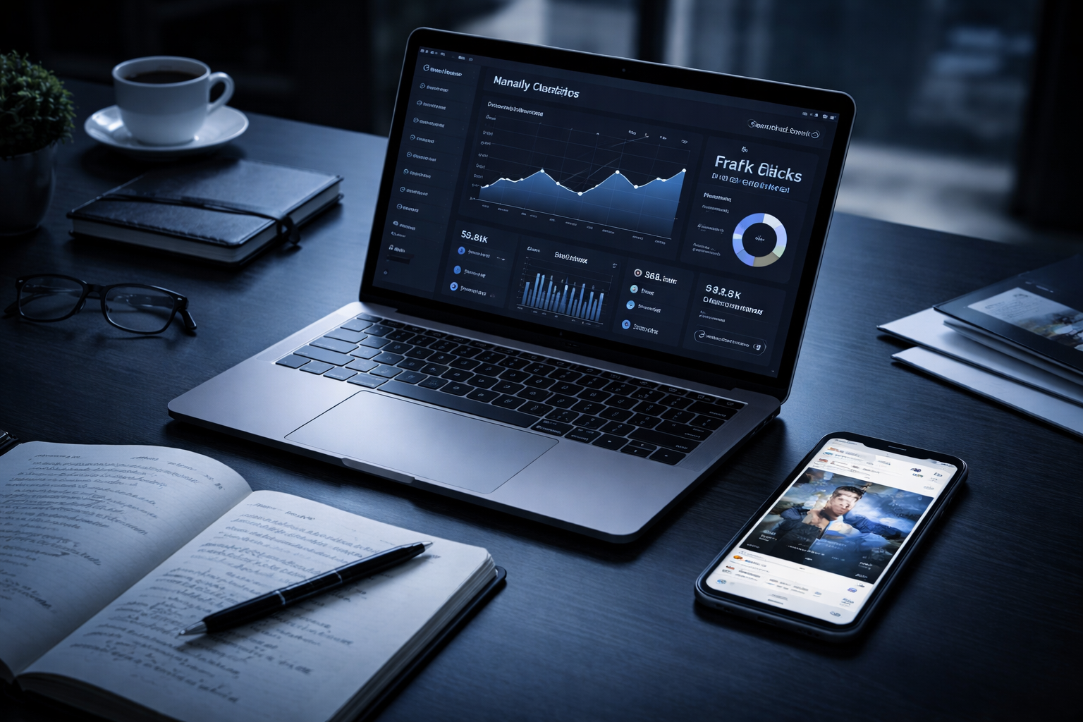Digital marketing strategy workspace with analytics dashboard and social media planning