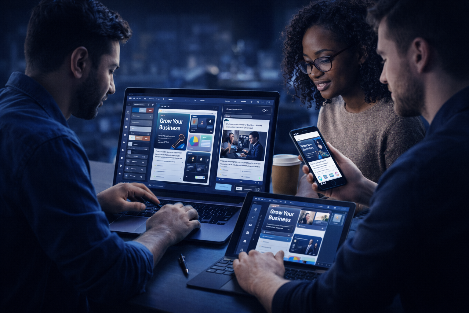 Team creating social media content with design tools and post previews on laptop and mobile devices